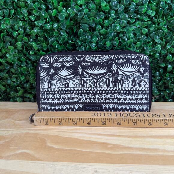 Sakroots Womens Billfold Wallet Zip Close Black Beige Organizer - Picture 5 of 10